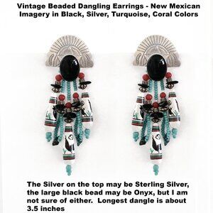 Vintage Sante Fe Dangling Earrings with Silver, Black, Turquoise, Coral Beads